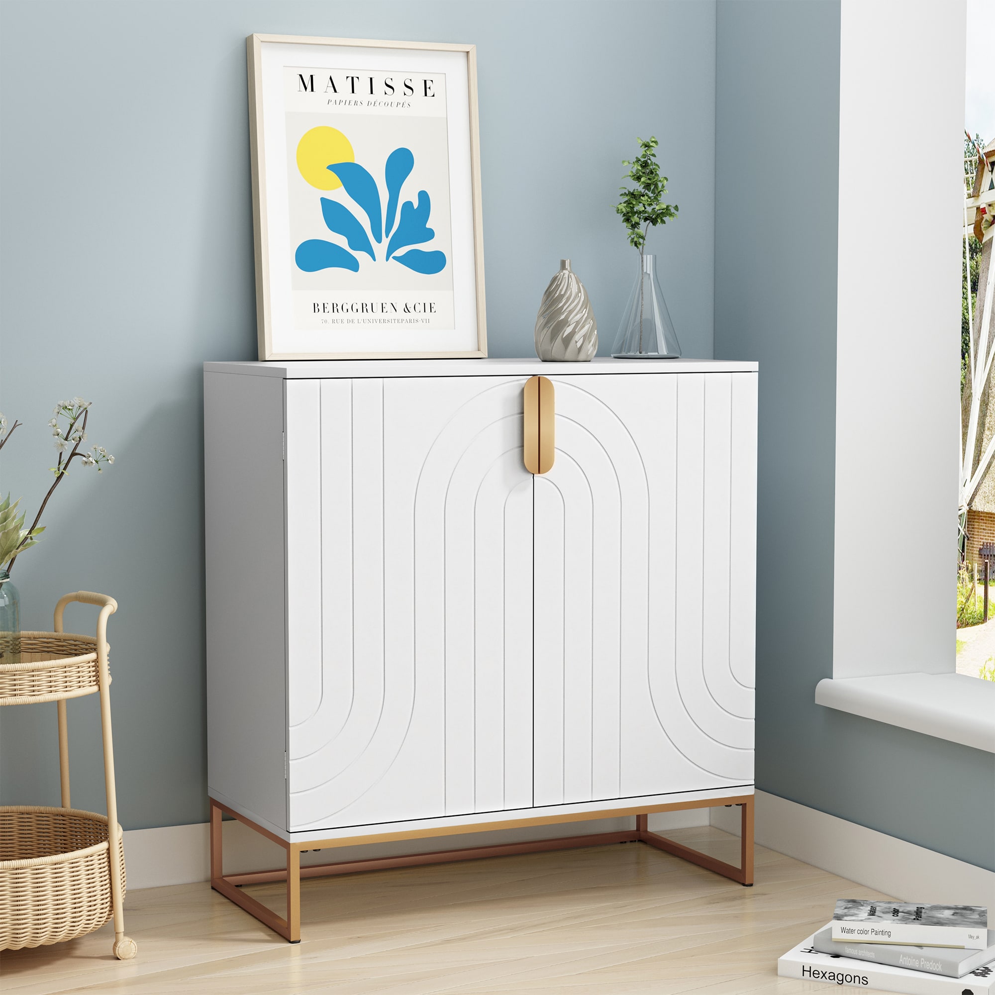 Accent Wood Grain Cabinet With 2 Doors, Storage Cabinet Sideboard With Gold Metal Legs For Living Room,Entryway And Kitchen Dining Room, White_voghion.com
